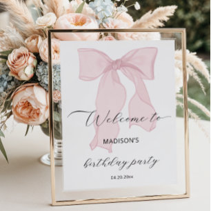 Elegant Pink Bow Birthday Party Welcome Poster