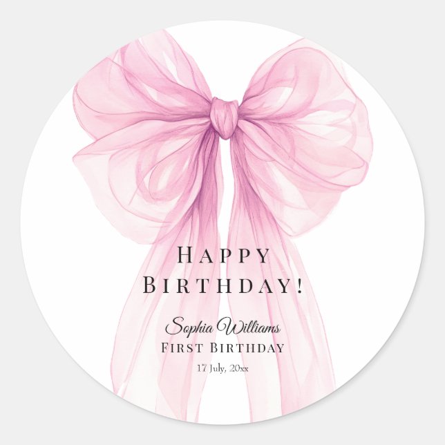 Elegant Pink Bow Birthday Stickers (Front)