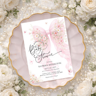 Elegant Pink Bow Bloom Butterfly Baby Shower Invitation