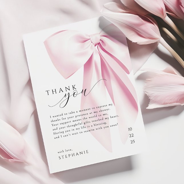 Elegant Pink Bow Bridal Shower Thank You Card (Creator Uploaded)
