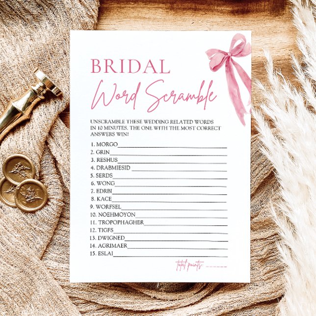Elegant Pink Bow Bridal Word Scramble Game Invitation (Creator Uploaded)