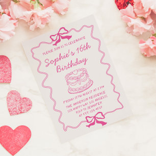 Elegant Pink Bow & Cake Sweet 16 Birthday Party Invitation