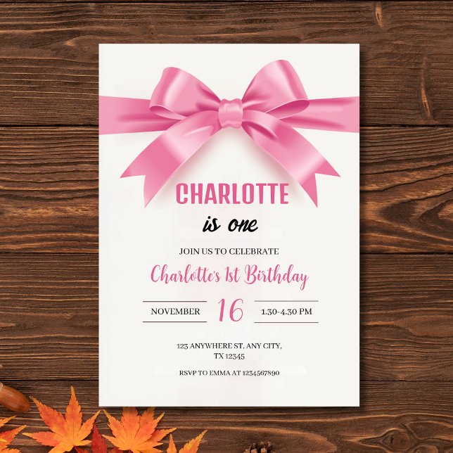 Elegant Pink Bow "Charlotte is One" First Birthday Invitation (Elegant Pink Bow "Charlotte is One" First Birthday Invitation
)
