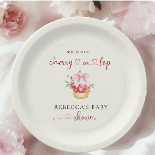  Elegant Pink Bow Cherry on Top Baby Shower   Paper Plate