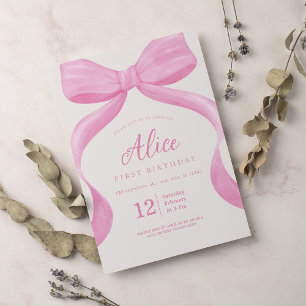 Elegant  Pink Bow Coquette First Birthday Girl Invitation