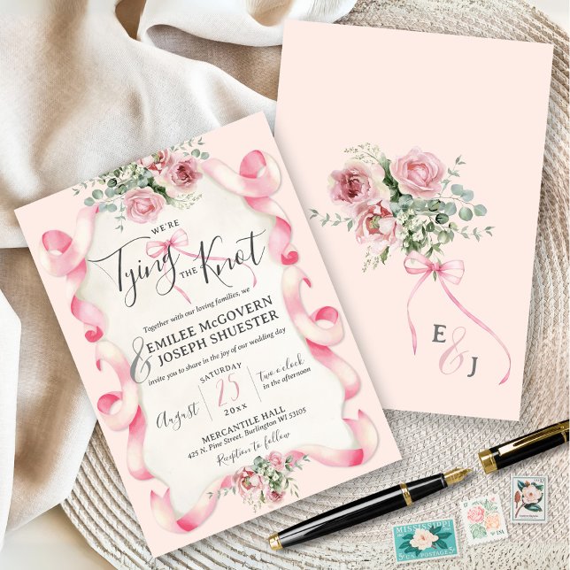 Elegant Pink Bow Coquette Floral Monogram Wedding Invitation (We're tying the Knot Watercolor soft pink bow  Floral Monogram Coquette Elegant Wedding Invitation)