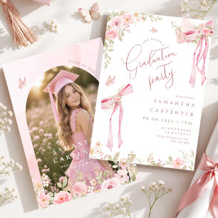 Elegant pink bow coquette FLORAL  photo graduation Invitation