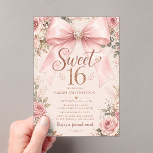 Elegant Pink Bow Coquette Formal Sweet 16 Acrylic Invitations