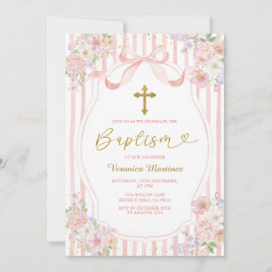 Elegant Pink Bow Coquette Girl Baptism Floral Gold Invitation