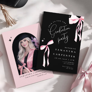 Elegant pink bow coquette photo black graduation invitation