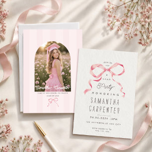 Elegant pink bow coquette photo grey graduation invitation