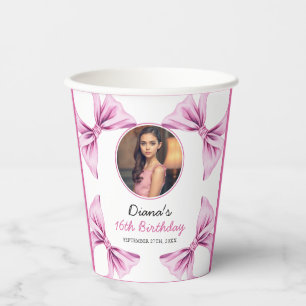 Elegant Pink Bow Coquette Photo Sweet 16 Birthday Paper Cups