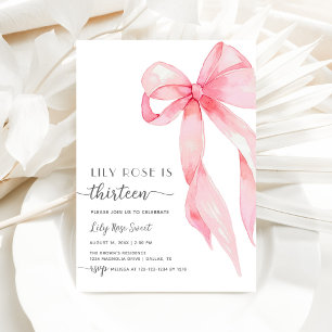 Elegant Pink Bow Coquette Thirteen 13th Birthday Invitation