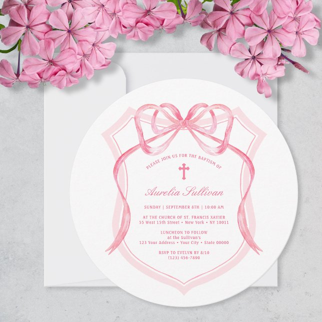 Elegant Pink Bow Crest Baptism Invitation (Creator Uploaded)