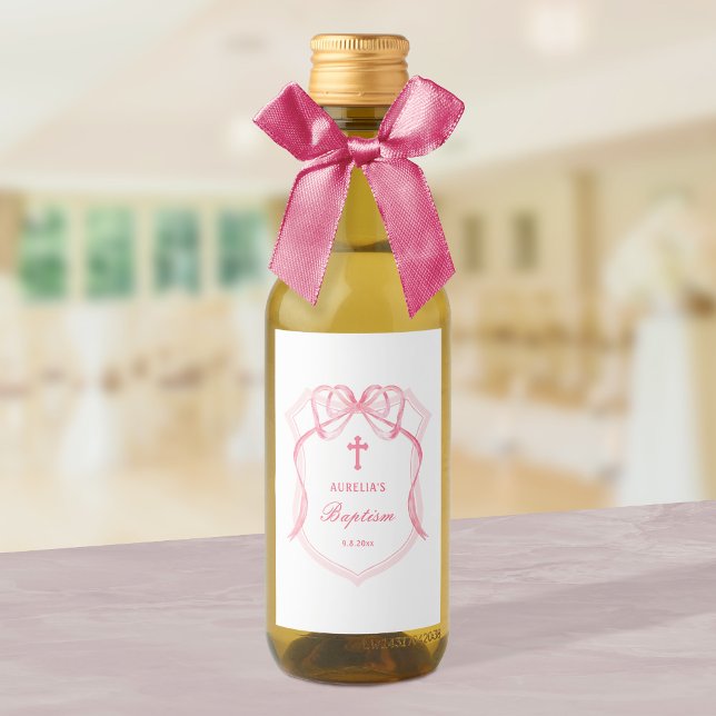 Elegant Pink Bow Crest Baptism Wine Label (Creator Uploaded)
