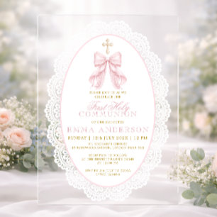 Elegant Pink Bow First Holy Communion Acrylic Invitations