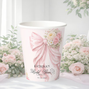 Elegant Pink Bow Floral Coquette Bridal Shower Paper Cups