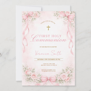 Elegant Pink Bow Floral First Holy Communion Invitation