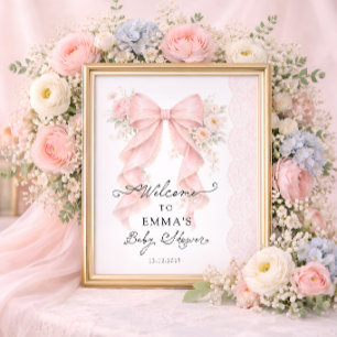 Elegant Pink Bow Floral Girl Baby Shower Welcome Poster