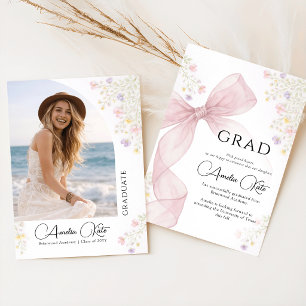 Elegant Pink Bow Floral Graduate Photo Graduation Announcement