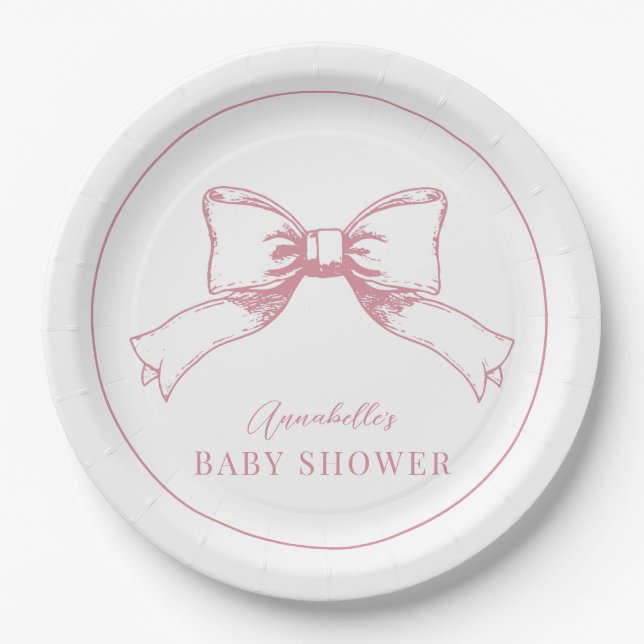 Elegant Pink Bow Girl Baby Shower Paper Plate (Front)