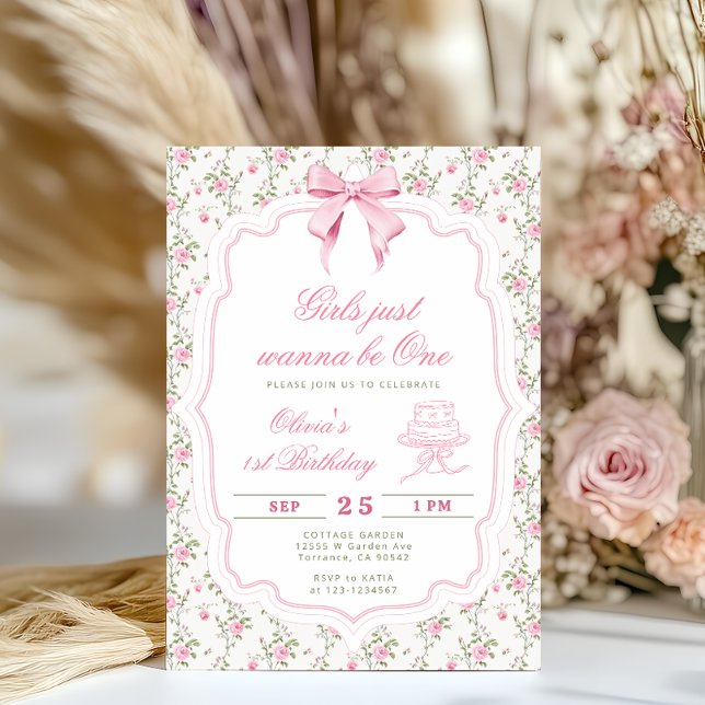Elegant Pink Bow Girl First Birthday Invitation (Creator Uploaded)