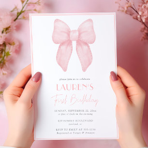 Elegant Pink Bow Girl First Birthday Invitation