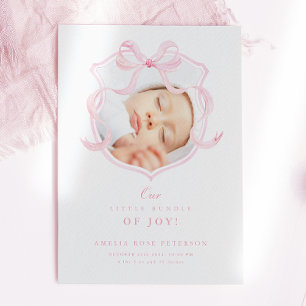 Elegant Pink Bow Girl Photo Birth Announcement