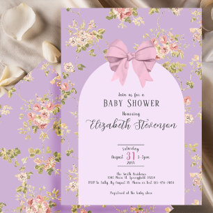 Elegant Pink Bow Girly Floral Purple Baby Shower Invitation