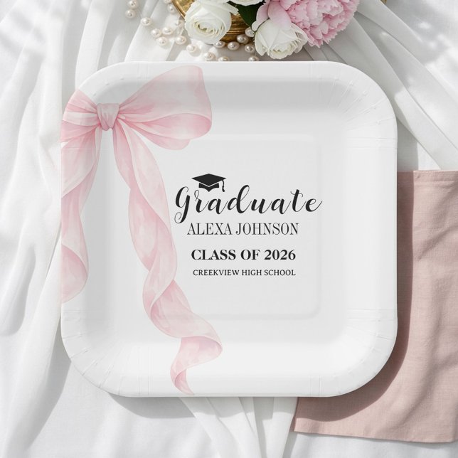 Elegant Pink Bow Graduation Cap Graduate Paper Plate (Creator Uploaded)