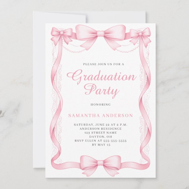 Elegant Pink Bow Graduation Party Invitation (Front)