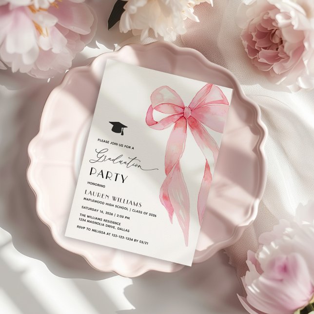 Elegant Pink Bow Graduation Party Invitation (Creator Uploaded)