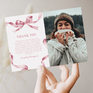 Elegant Pink Bow Graduation Photo Thank You Card