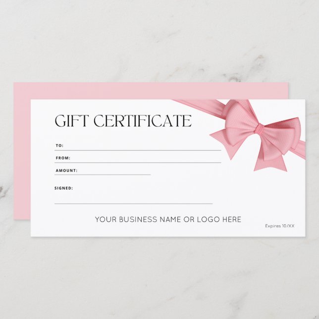 Elegant Pink Bow Logo Gift Certificate (Front/Back)