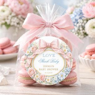 Elegant Pink Bow Love Shack Vintage Baby Shower Classic Round Sticker
