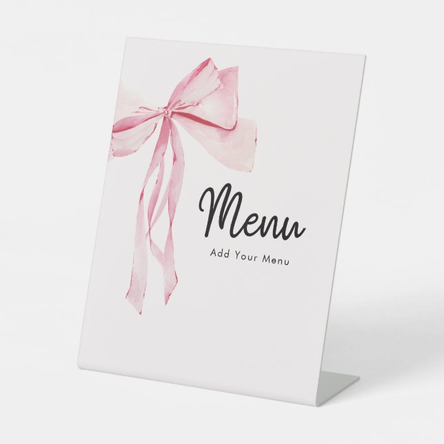 Elegant Pink Bow Menu Bridal Shower Pedestal Sign (Front)
