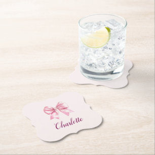 Elegant Pink Bow & Name Personalised Paper Coaster