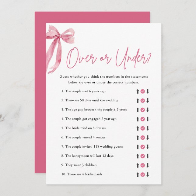 Elegant Pink Bow Over or Under Bridal Shower Game Invitation (Front/Back)