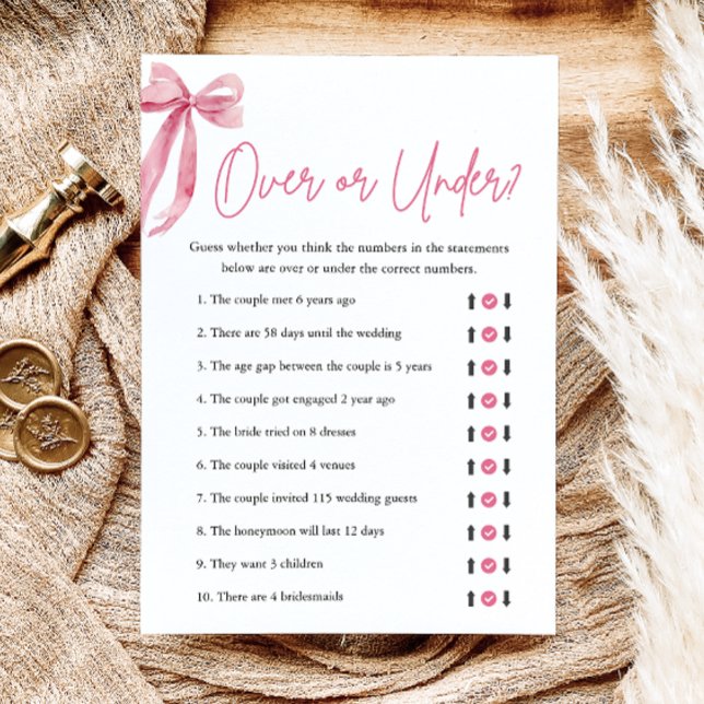 Elegant Pink Bow Over or Under Bridal Shower Game Invitation (Pink Bow Name That Cake Bridal Shower Game)