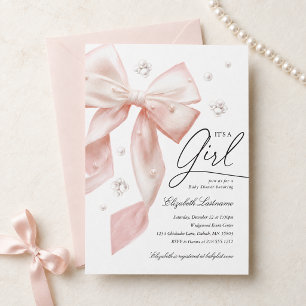 Elegant Pink Bow Pearl Girl Baby Shower Invitation