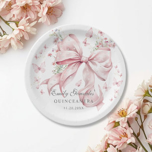 Elegant Pink Bow & Pearls Coquette Quinceañera  Paper Plate