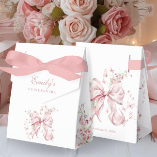 Elegant Pink Bow Pearls Floral Quinceanera Gift Favour Box