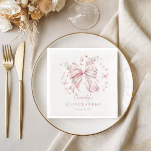 Elegant Pink Bow Pearls Quinceanera Birthday Napkin