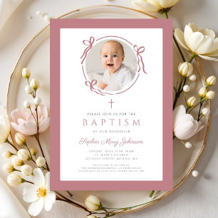 Elegant Pink Bow Photo Baptism Invitation