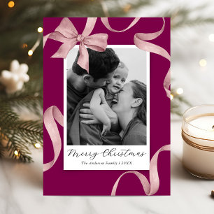 Elegant Pink Bow Photo Christmas Holiday Card