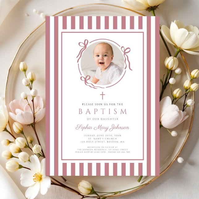 Elegant Pink Bow Photo Girl Baptism Invitation (Elegant Pink Bow Photo Giel Baptism Invitation)
