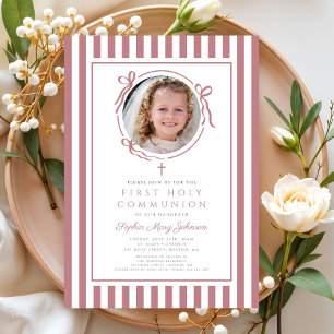Elegant Pink Bow Photo Girl First Communion Invitation
