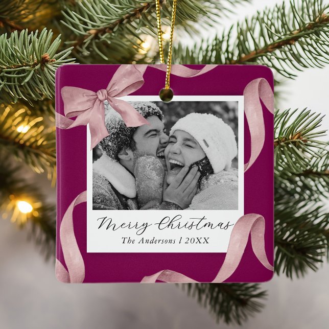 Elegant Pink Bow Photo Holiday Ceramic Ornament (Creator Uploaded)