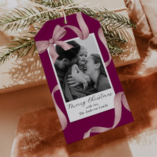 Elegant Pink Bow Photo Holiday Gift Tags