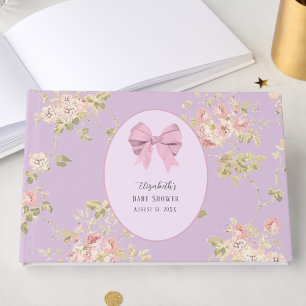 Elegant Pink Bow Purple Floral Baby Shower Guest Book